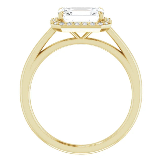 Emerald Yellow Gold East West Halo Moissanite Engagement Ring