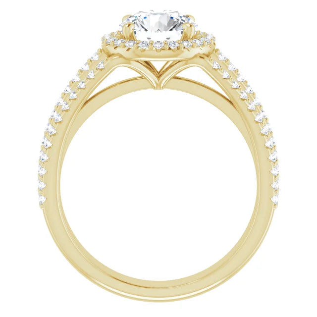 Round Brilliant Yellow Gold Halo Split Pave Moissanite Engagement Ring