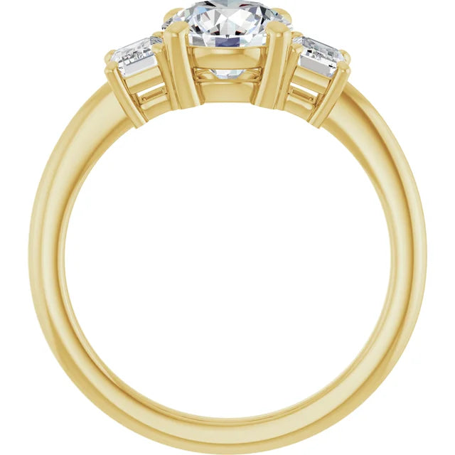 Round Brilliant Yellow Gold Tri Stone Moissanite Engagement Ring