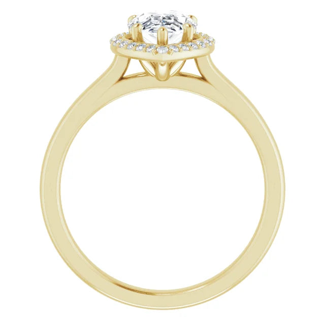 Yellow Gold Pear Halo Solitaire Engagement Ring. Moissanite