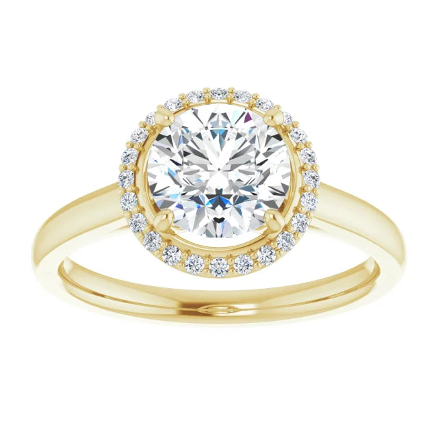 Yellow Gold Round Brilliant Halo Solitaire Engagement Ring. Moissanite