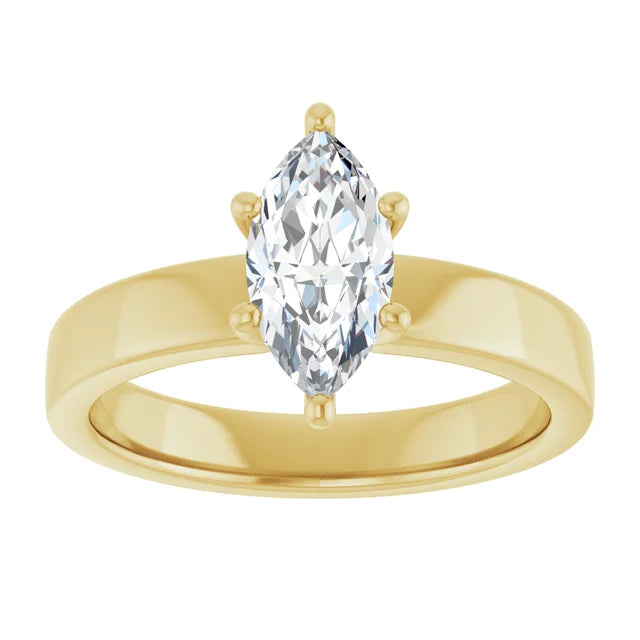 Marquise Yellow Gold Wide Band Solitaire Moissanite Engagement Ring