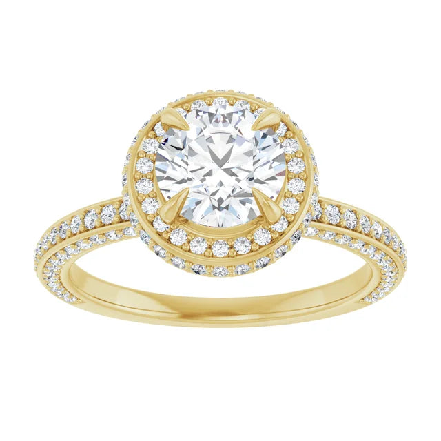 Round Brilliant Yellow Gold Halo Pave Style Moissanite Engagement Ring