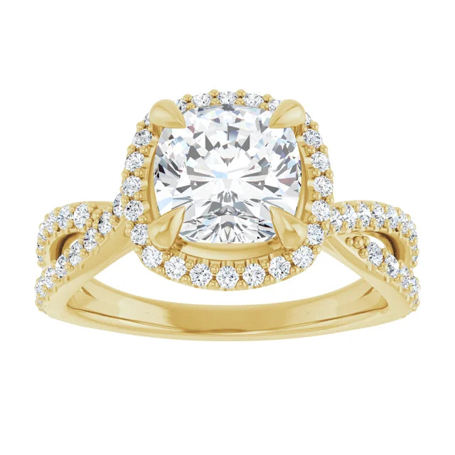Cushion Yellow Gold Twist Band Halo Moissanite Engagement Ring