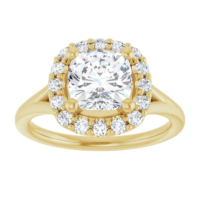 Cushion Yellow Gold Halo Solitaire Split Band Moissanite Engagement