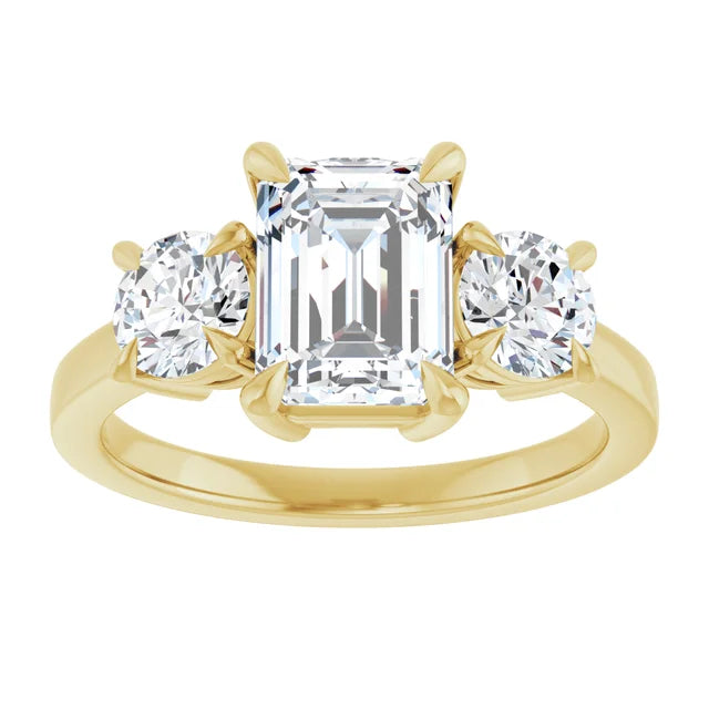 Emerald Yellow Gold Tri Stone Moissanite Engagement Ring