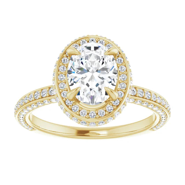 Oval Yellow Gold Halo Pave Style Moissanite Engagement Ring