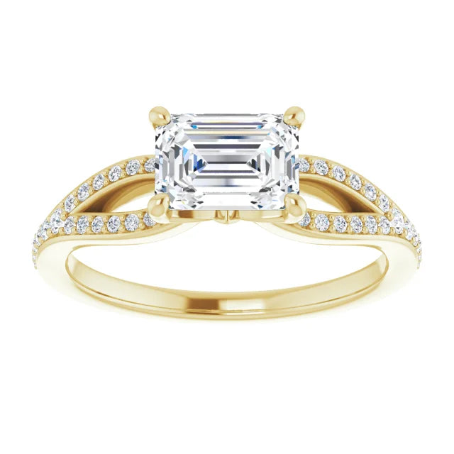 Emerald Yellow Gold East West Split Band Moissanite Engagement Ring