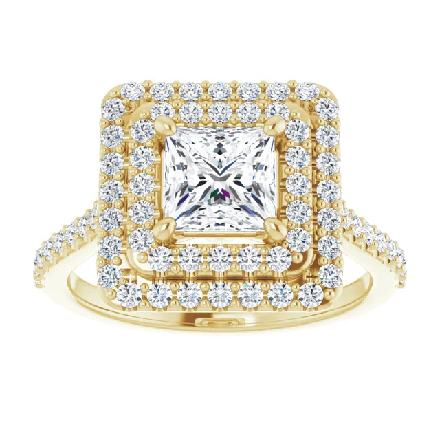 Princess Double Halo Yellow Gold Moissanite Engagement Ring