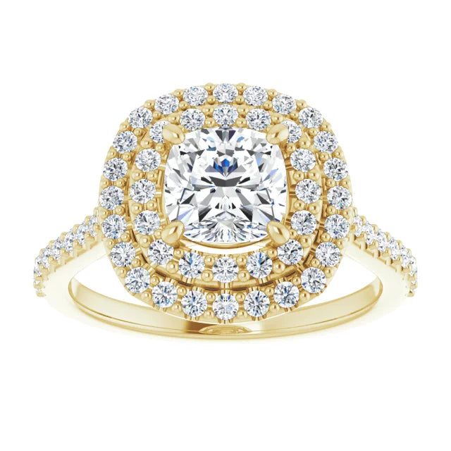 Cushion Double Halo Yellow Gold Moissanite Engagement Ring