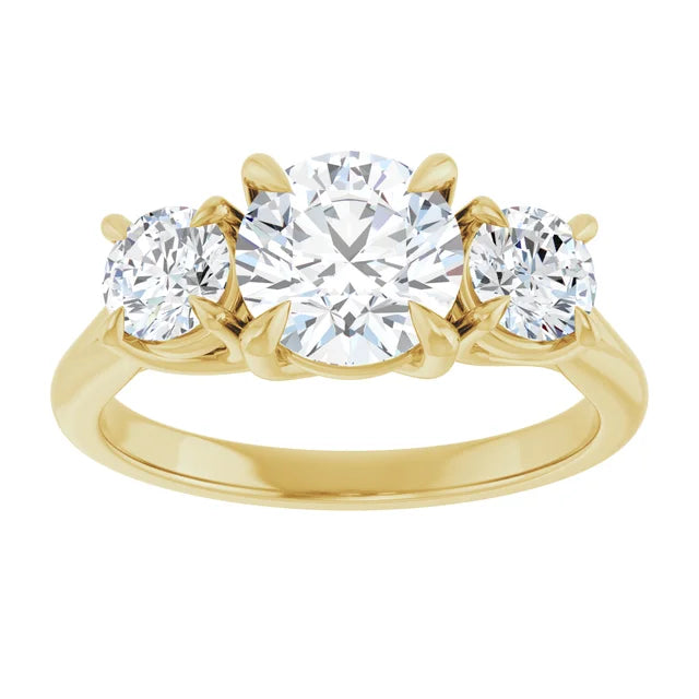 Round Brilliant Yellow Gold Tri Stone Moissanite Engagement Ring