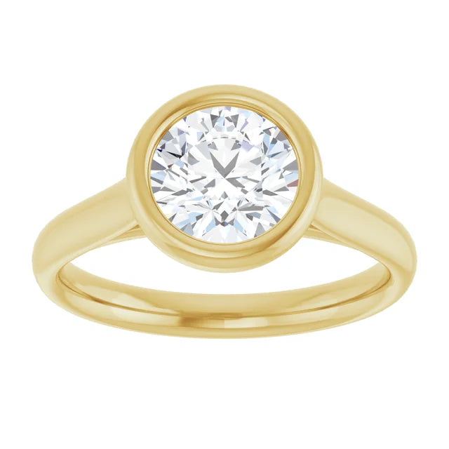 Round Brilliant Yellow Gold Solitaire Bezel Moissanite Engagement Ring