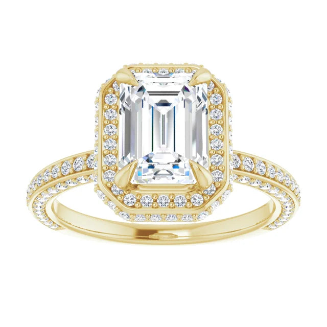 Emerald Yellow Gold Halo Pave Style Moissanite Engagement Ring