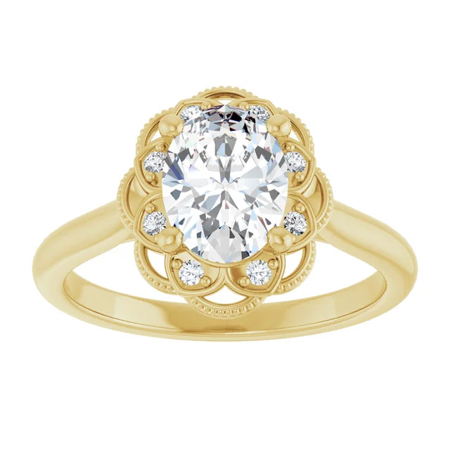 Oval Yellow Gold Halo Moissanite Engagement Ring