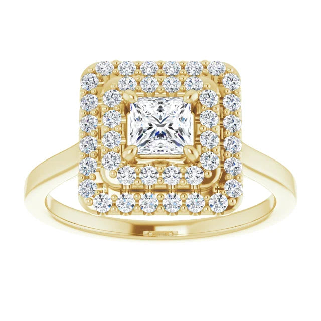 Princess Yellow Gold Double Halo Solitaire Moissanite Engagement Ring