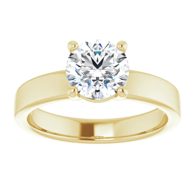 Round Brilliant Yellow Gold Wide Band Solitaire Moissanite Engagement Ring