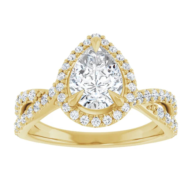 Pear Yellow Gold Twist Band Halo Moissanite Engagement Ring