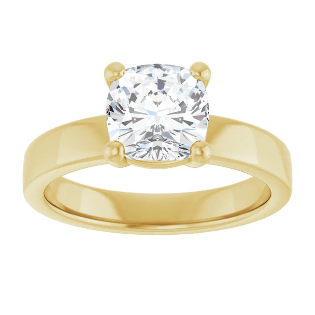 Cushion Yellow Gold Wide Band Solitaire Moissanite Engagement Ring