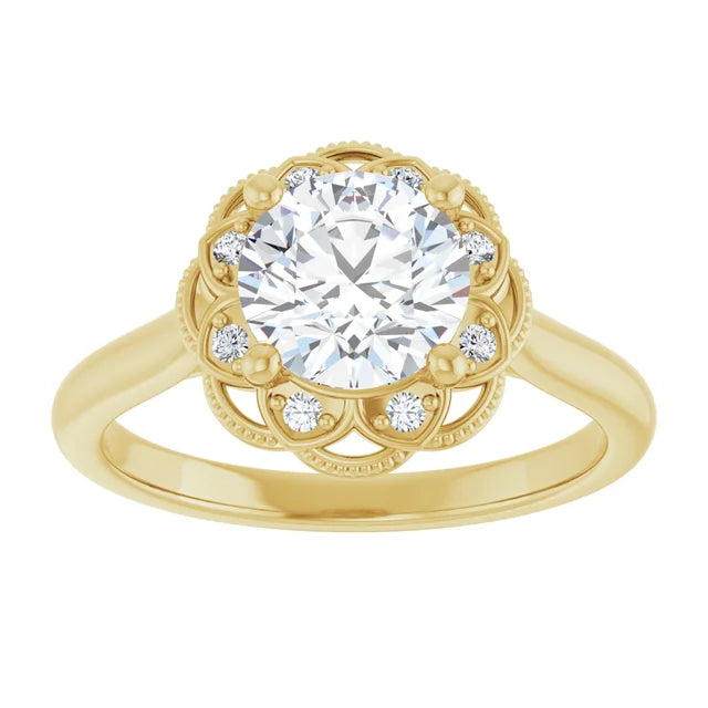Round Brilliant Yellow Gold Halo Moissanite Engagement Ring
