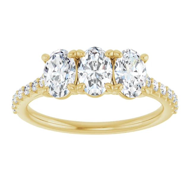 Oval Yellow Gold Tri Stone Moissanite Engagement Ring