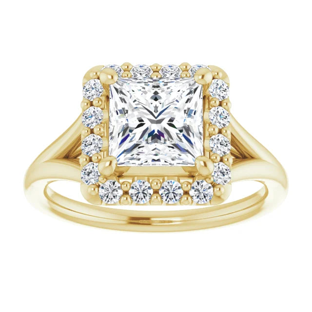 Princess Yellow Gold Halo Solitaire Split Band Moissanite Engagement Ring