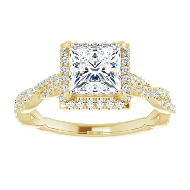 Princess Yellow Gold Halo Twist Pave Moissanite Engagement Ring