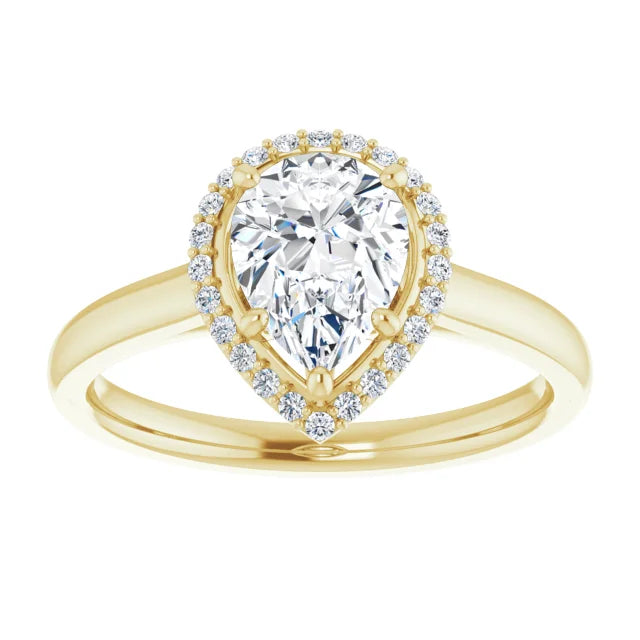 Yellow Gold Pear Halo Solitaire Engagement Ring. Moissanite