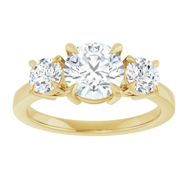 Round Brilliant Yellow Gold Tri Stone Moissanite Engagement Ring