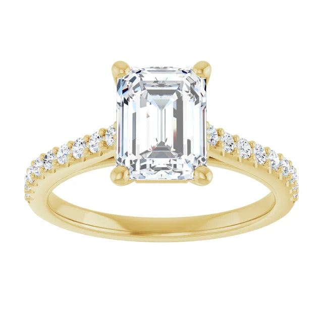Emerald Yellow Gold Pave Style Moissanite Engagement Ring