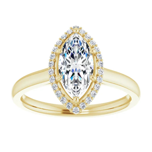 Yellow Gold Marquise Halo Solitaire Engagement Ring. Moissanite