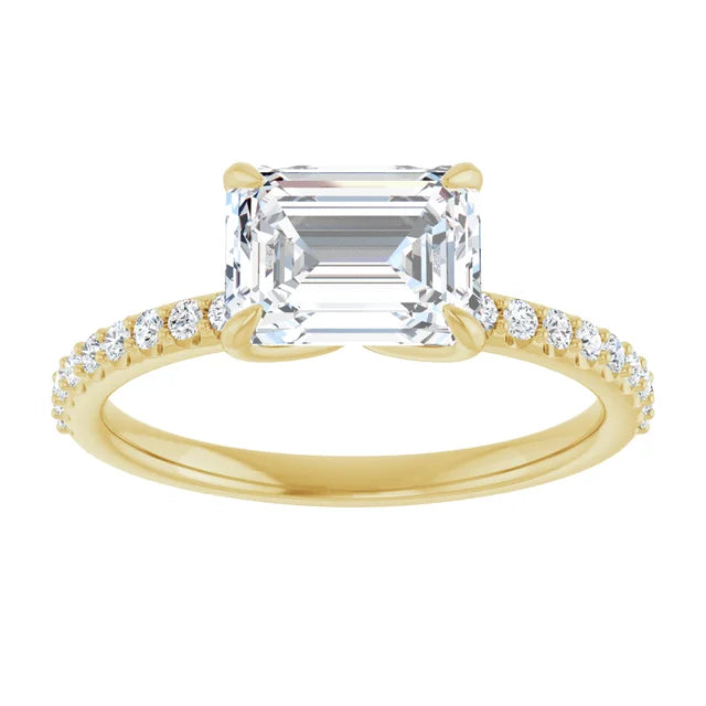 Emerald Yellow Gold East West Pave Moissanite Engagement Ring