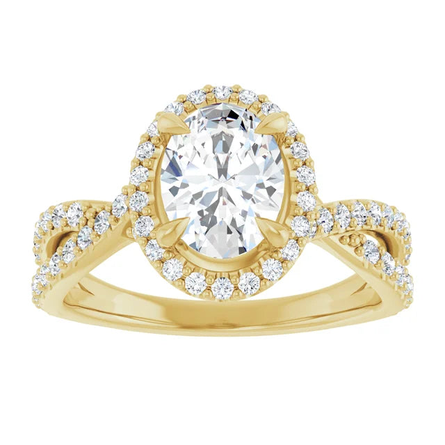 Oval Yellow Gold Twist Band Halo Moissanite Engagement Ring