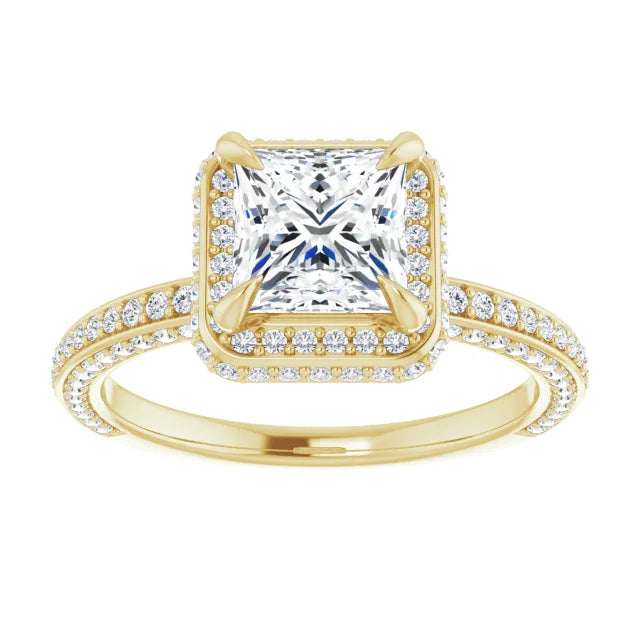 Princess Yellow Gold Halo Pave Style Moissanite Engagement Ring