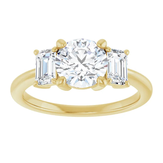 Round Brilliant Yellow Gold Tri Stone Moissanite Engagement Ring
