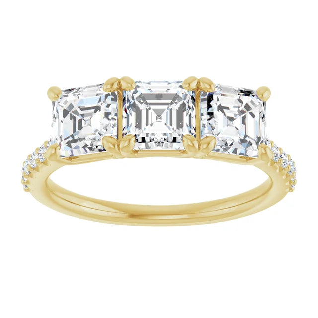 Cushion Yellow Gold Tri Stone Moissanite Engagement Ring