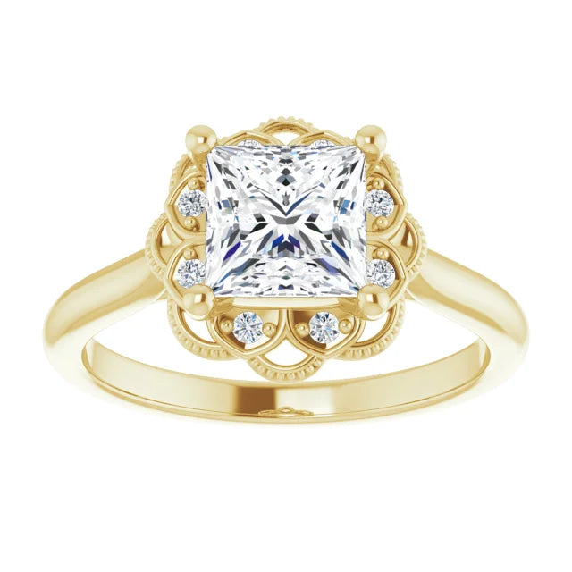 Princess Yellow Gold Halo Moissanite Engagement Ring