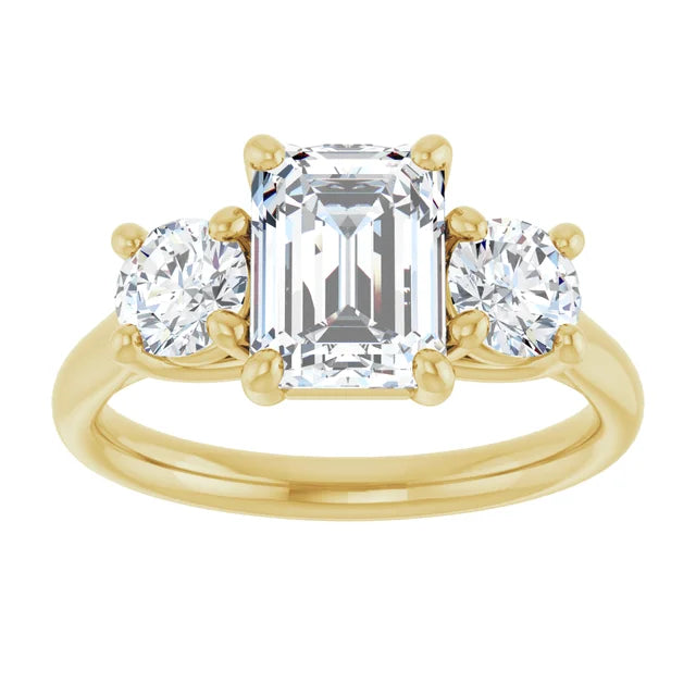 Emerald Yellow Gold Tri Stone Moissanite Engagement Ring