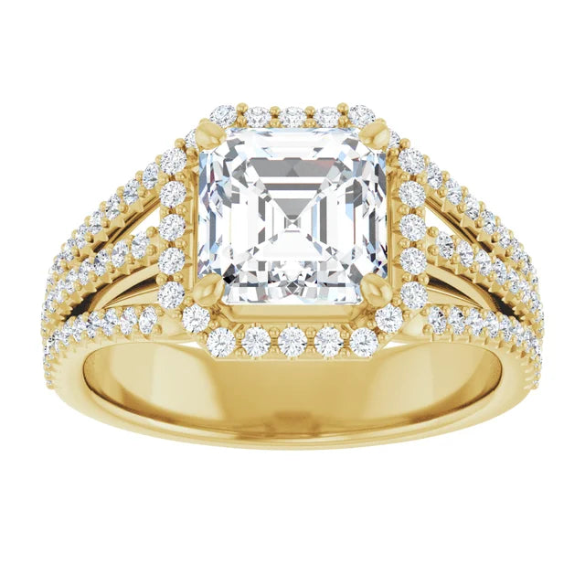 Asscher Yellow Gold Halo Split Pave Moissanite Engagement Ring