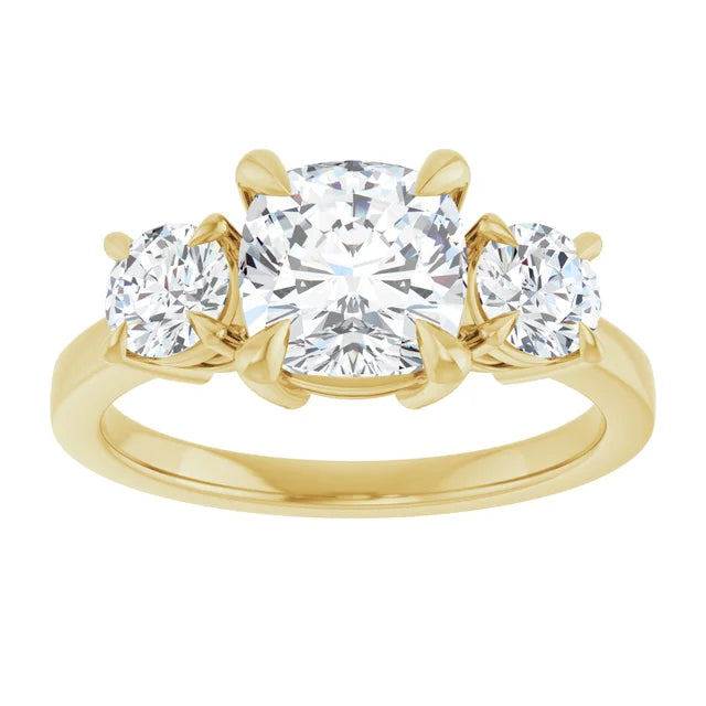 Cushion Yellow Gold Tri Stone Moissanite Engagement Ring