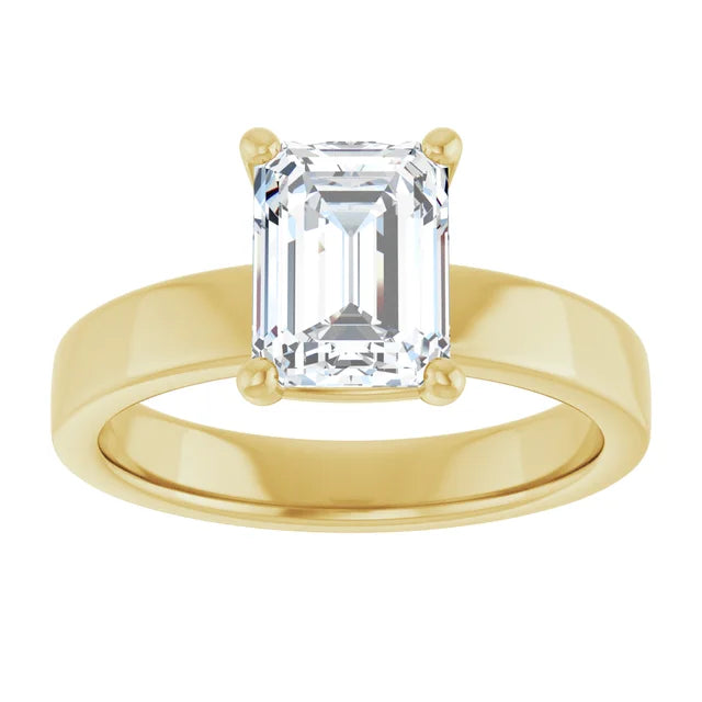 Emerald Yellow Gold Wide Band Solitaire Moissanite Engagement Ring