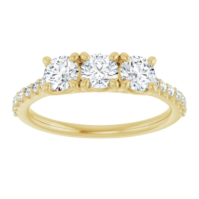 Round Brilliant Yellow Gold Tri Stone Moissanite Engagement Ring