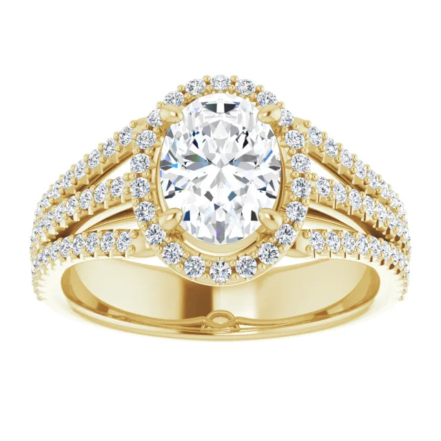 Oval Yellow Gold Halo Split Pave Moissanite Engagement Ring