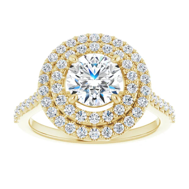 Round Brilliant Double Halo Yellow Gold Moissanite Engagement Ring
