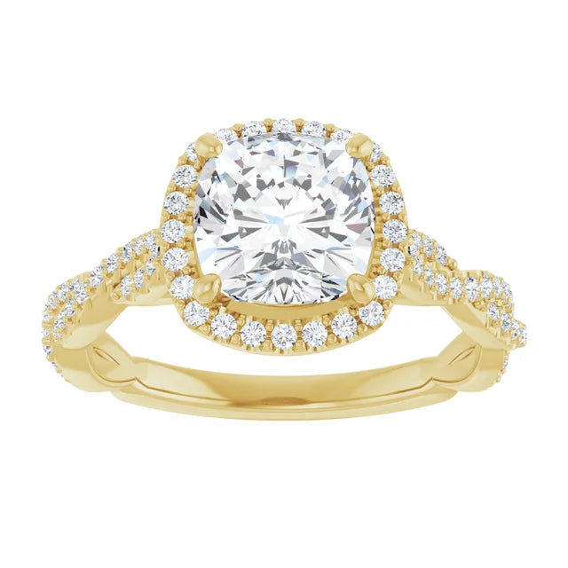 Cushion Yellow Gold Halo Twist Pave Moissanite Engagement Ring