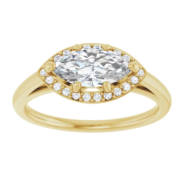 Marquise Yellow Gold East West Halo Moissanite Engagement Ring
