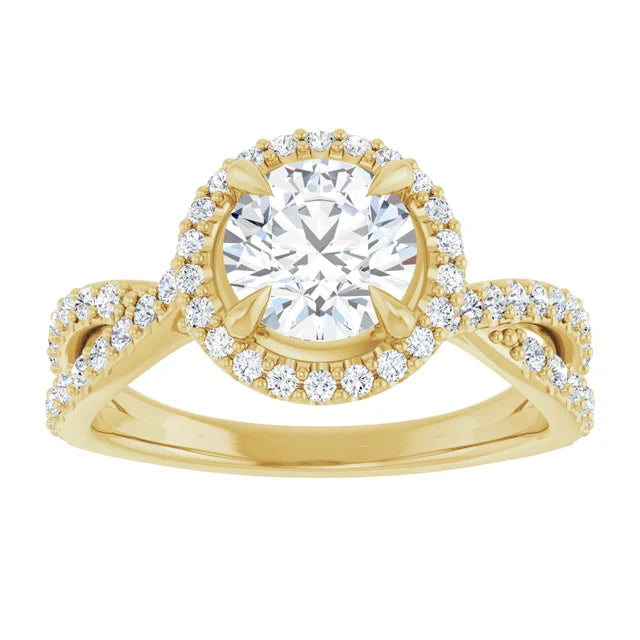 Round Brilliant Yellow Gold Twist Band Halo Moissanite Engagement Ring
