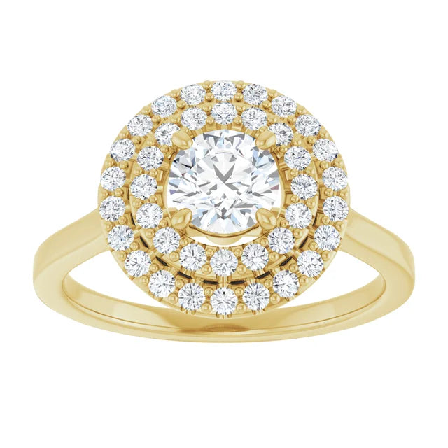 Round Brilliant Yellow Gold Double Halo Solitaire Moissanite Engagement Ring