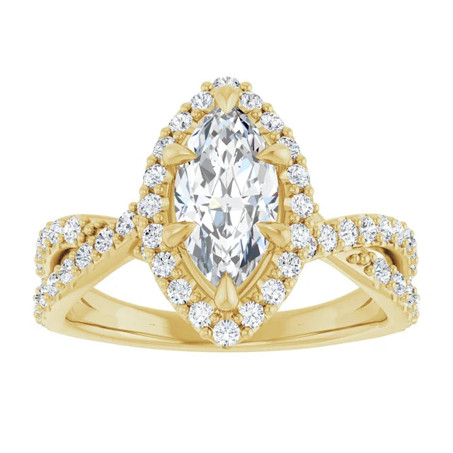Marquise Yellow Gold Twist Band Halo Moissanite Engagement Ring