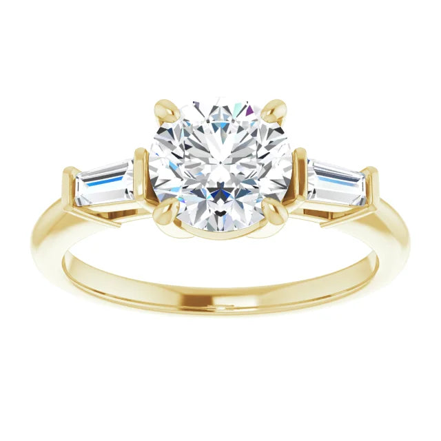 Round Brilliant Yellow Gold Baguette Accent Moissanite Engagement Ring