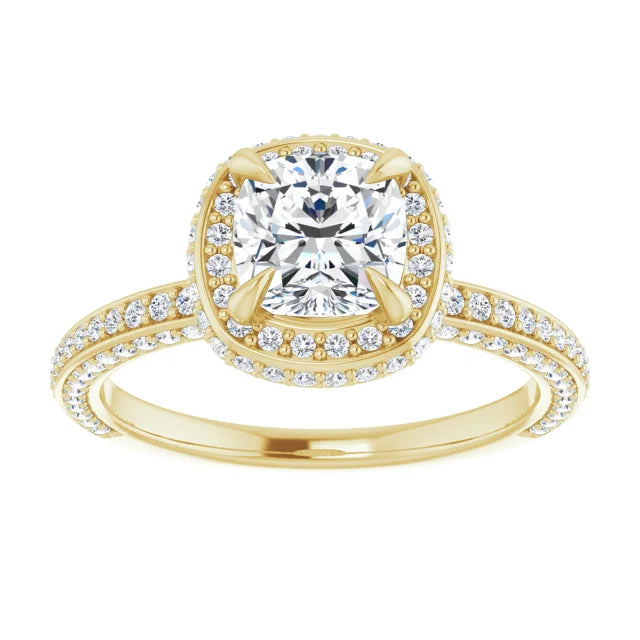 Cushion Yellow Gold Halo Pave Style Moissanite Engagement Ring